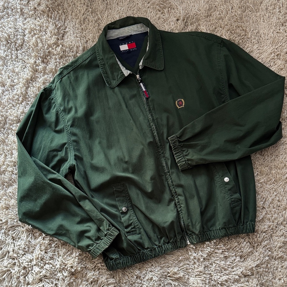 Vintage Tommy Hilfiger Men's Forest Green Bomber Jacket